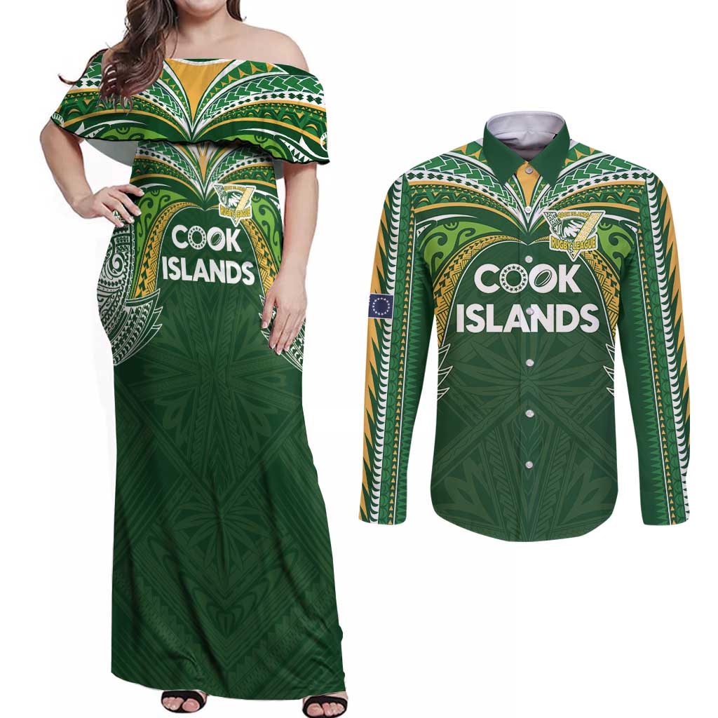 Custom Cook Islands Rugby League Couples Matching Off Shoulder Maxi Dress and Long Sleeve Button Shirt Tatau Tribal Motifs-Dark Green Color LT03 Green - Polynesian Pride