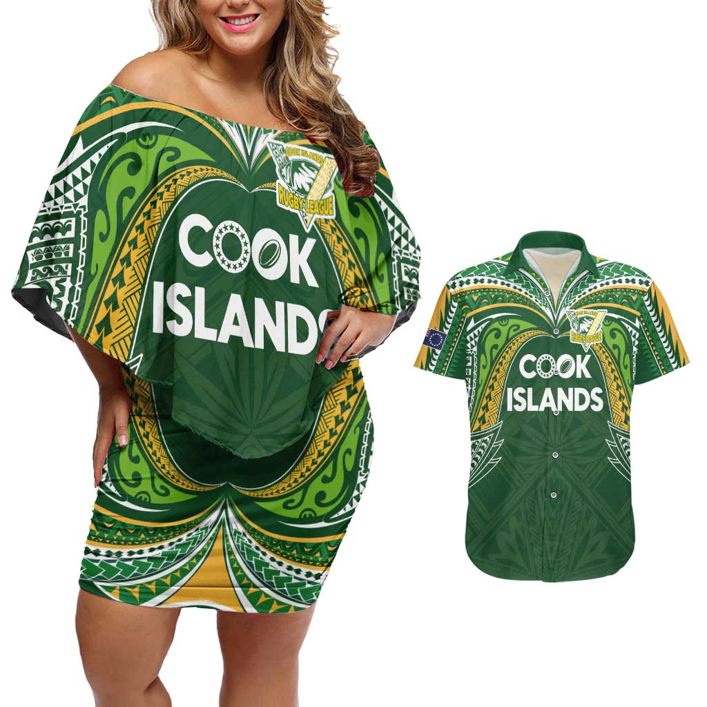 Custom Cook Islands Rugby League Couples Matching Off Shoulder Short Dress and Hawaiian Shirt Tatau Tribal Motifs-Dark Green Color LT03 Green - Polynesian Pride