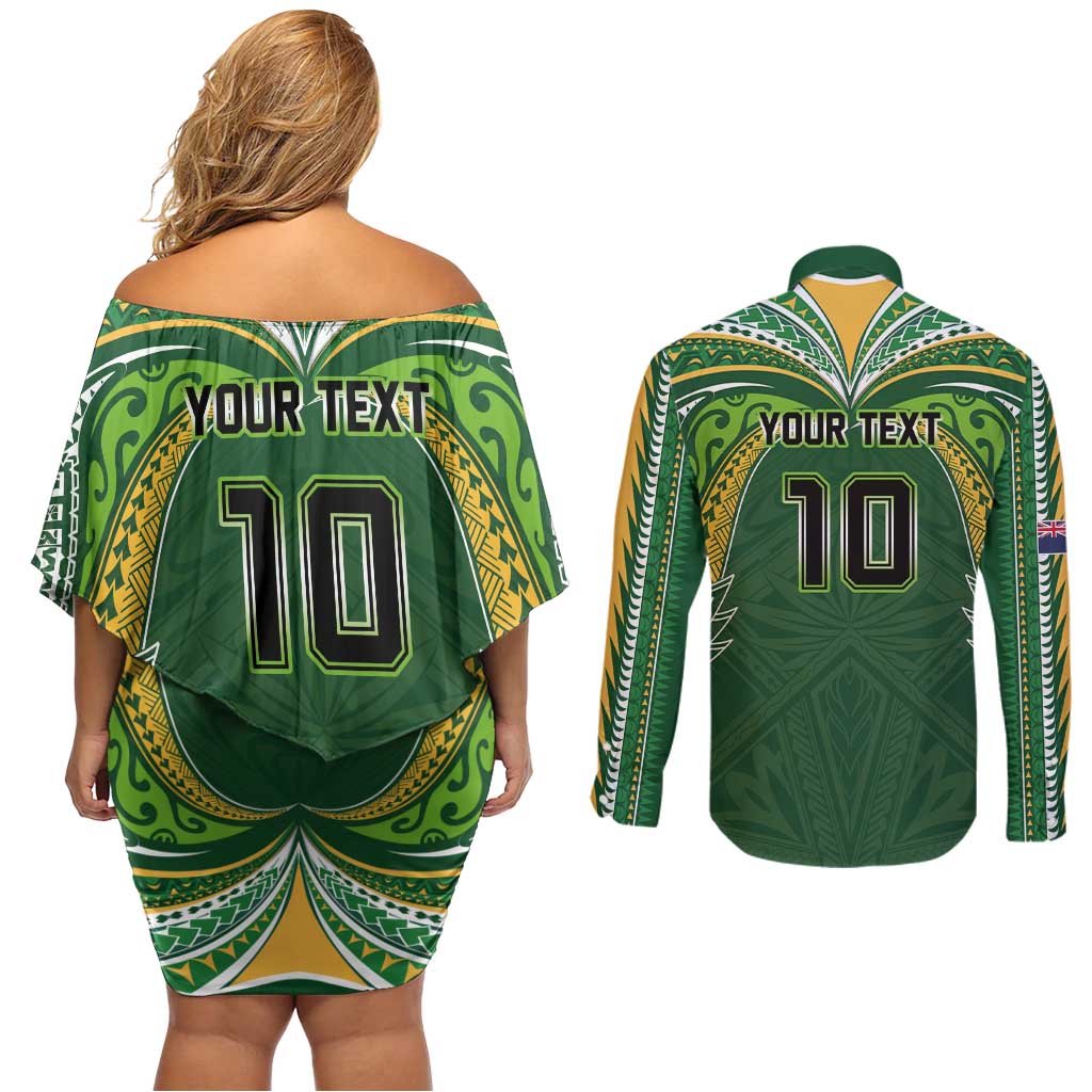 Custom Cook Islands Rugby League Couples Matching Off Shoulder Short Dress and Long Sleeve Button Shirt Tatau Tribal Motifs-Dark Green Color LT03 - Polynesian Pride