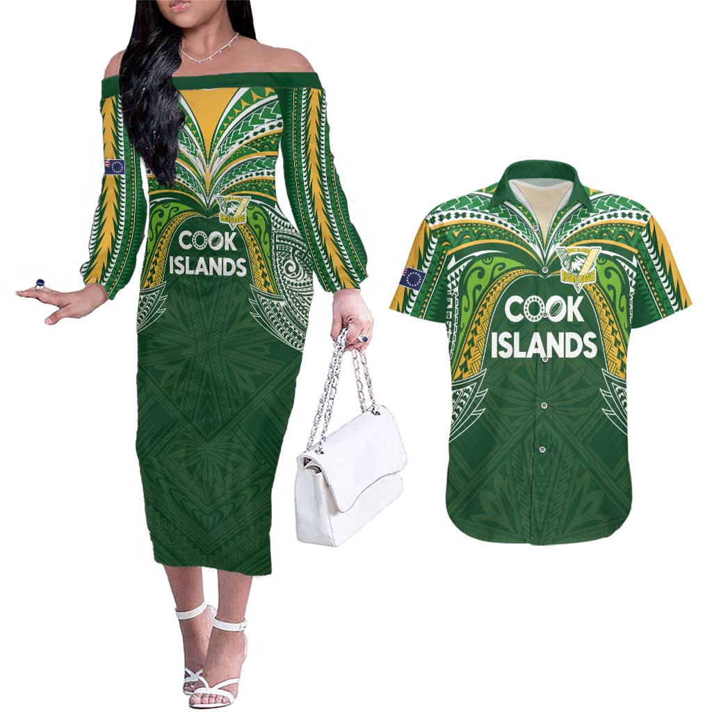 Custom Cook Islands Rugby League Couples Matching Off The Shoulder Long Sleeve Dress and Hawaiian Shirt Tatau Tribal Motifs-Dark Green Color LT03 Green - Polynesian Pride