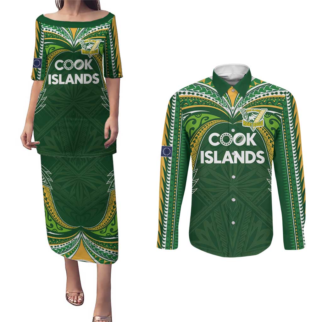 Custom Cook Islands Rugby League Couples Matching Puletasi and Long Sleeve Button Shirt Tatau Tribal Motifs-Dark Green Color LT03 Green - Polynesian Pride