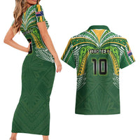 Custom Cook Islands Rugby League Couples Matching Short Sleeve Bodycon Dress and Hawaiian Shirt Tatau Tribal Motifs-Dark Green Color LT03 - Polynesian Pride
