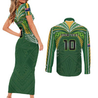 Custom Cook Islands Rugby League Couples Matching Short Sleeve Bodycon Dress and Long Sleeve Button Shirt Tatau Tribal Motifs-Dark Green Color LT03 - Polynesian Pride