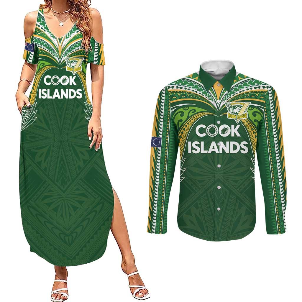 Custom Cook Islands Rugby League Couples Matching Summer Maxi Dress and Long Sleeve Button Shirt Tatau Tribal Motifs-Dark Green Color - Polynesian Pride