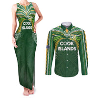 Custom Cook Islands Rugby League Couples Matching Tank Maxi Dress and Long Sleeve Button Shirt Tatau Tribal Motifs-Dark Green Color LT03 Green - Polynesian Pride