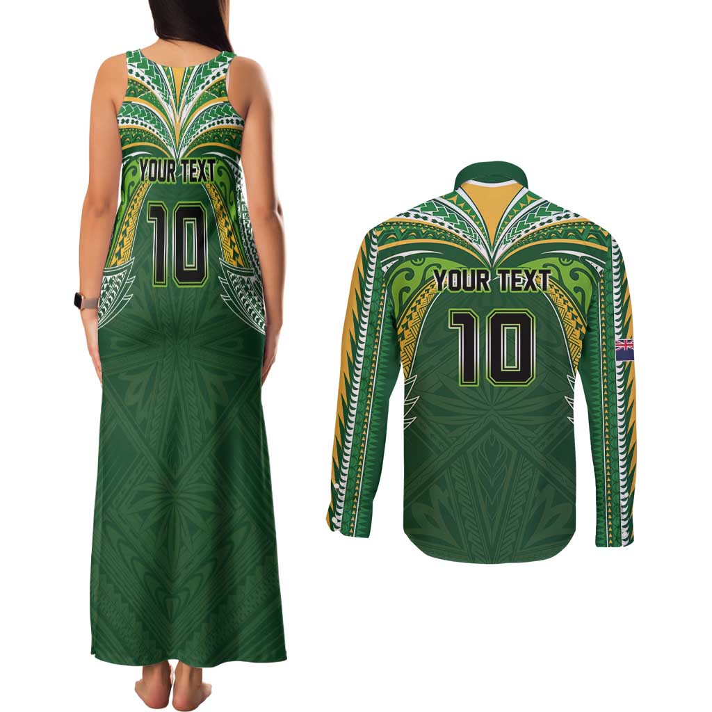 Custom Cook Islands Rugby League Couples Matching Tank Maxi Dress and Long Sleeve Button Shirt Tatau Tribal Motifs-Dark Green Color LT03 - Polynesian Pride