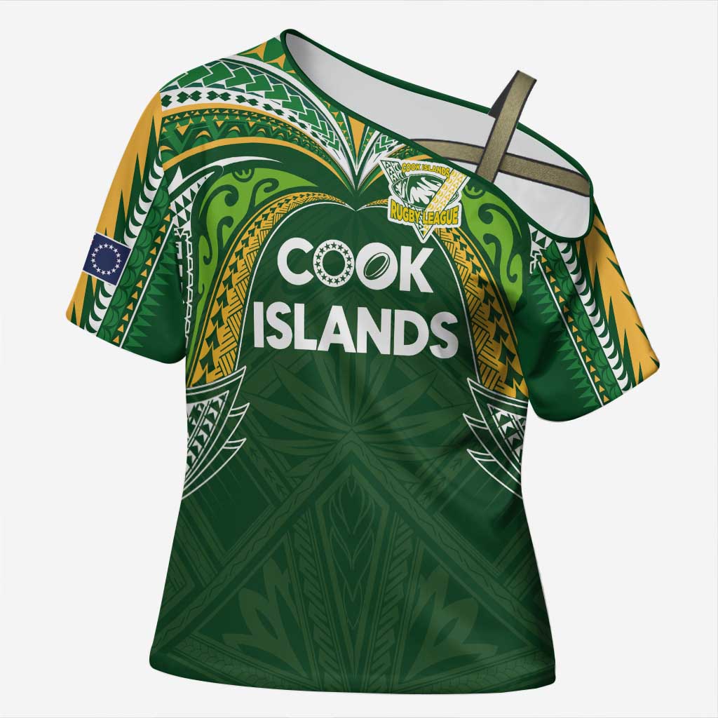 Custom Cook Islands Rugby League Cross Shoulder Shirt Tatau Tribal Motifs-Dark Green Color LT03 Female Green - Polynesian Pride