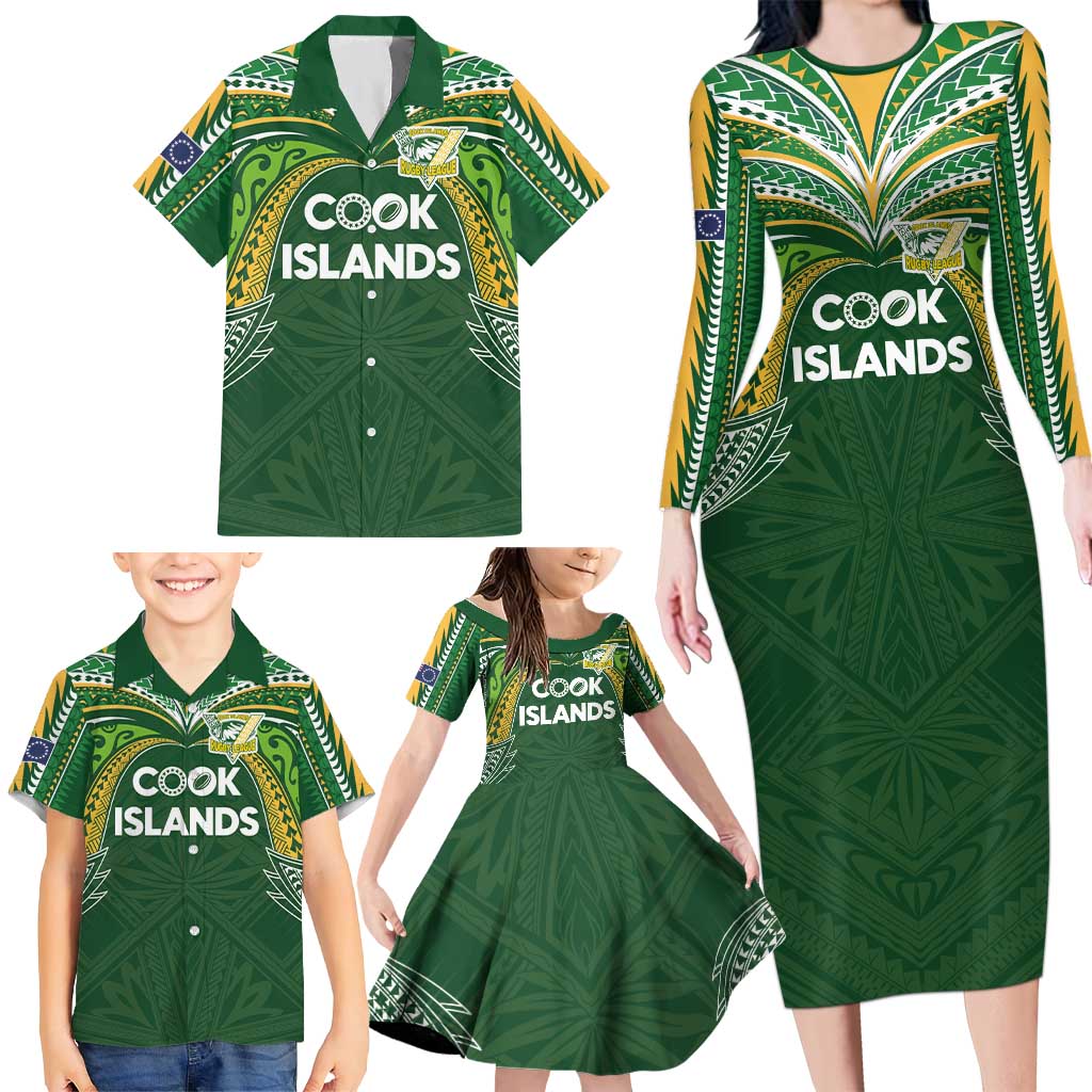 Custom Cook Islands Rugby League Family Matching Long Sleeve Bodycon Dress and Hawaiian Shirt Tatau Tribal Motifs-Dark Green Color LT03 - Polynesian Pride