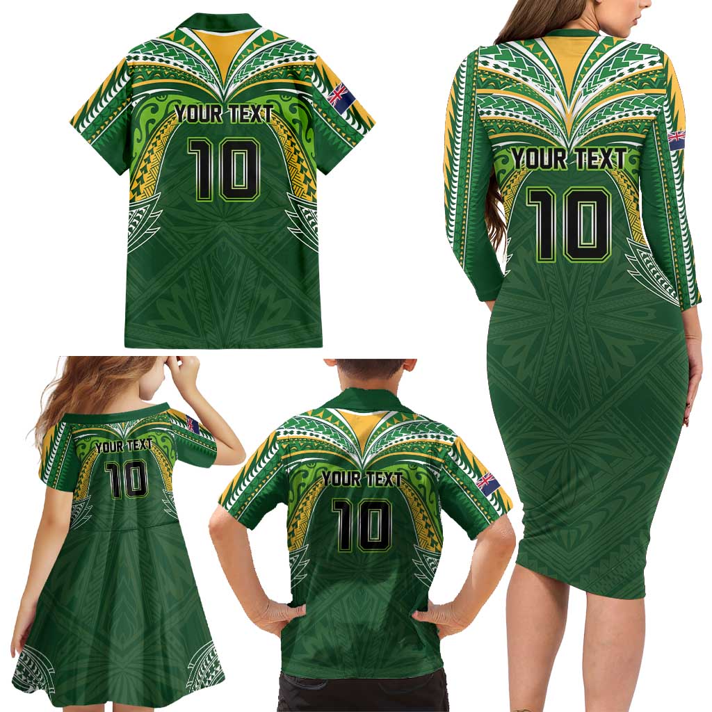 Custom Cook Islands Rugby League Family Matching Long Sleeve Bodycon Dress and Hawaiian Shirt Tatau Tribal Motifs-Dark Green Color LT03 - Polynesian Pride