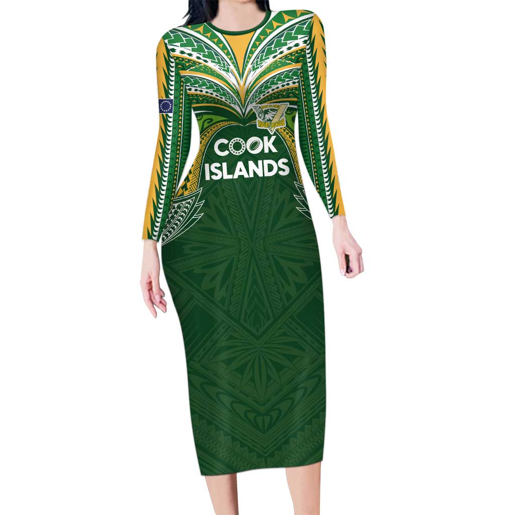Custom Cook Islands Rugby League Family Matching Long Sleeve Bodycon Dress and Hawaiian Shirt Tatau Tribal Motifs-Dark Green Color LT03 Mom's Dress Green - Polynesian Pride