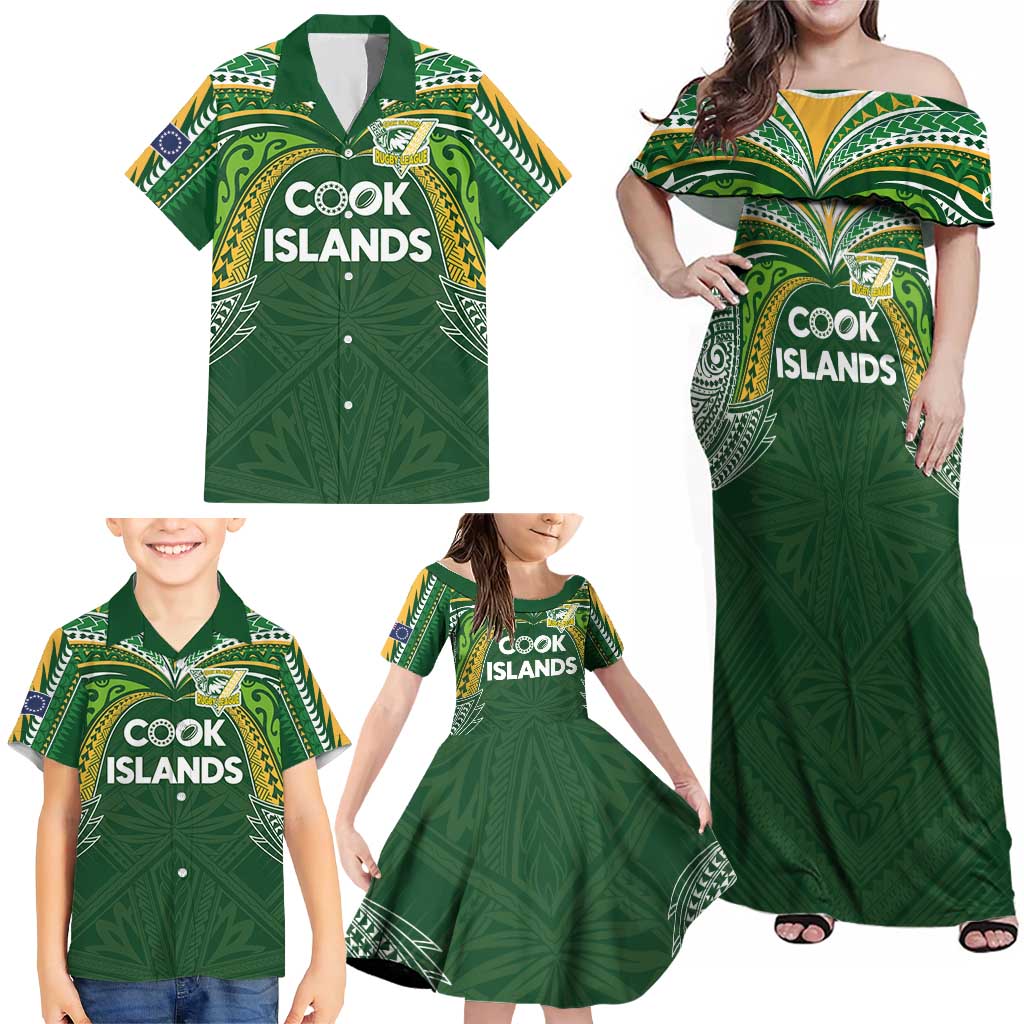 Custom Cook Islands Rugby League Family Matching Off Shoulder Maxi Dress and Hawaiian Shirt Tatau Tribal Motifs-Dark Green Color LT03 - Polynesian Pride