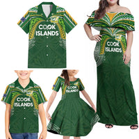 Custom Cook Islands Rugby League Family Matching Off Shoulder Maxi Dress and Hawaiian Shirt Tatau Tribal Motifs-Dark Green Color LT03 - Polynesian Pride