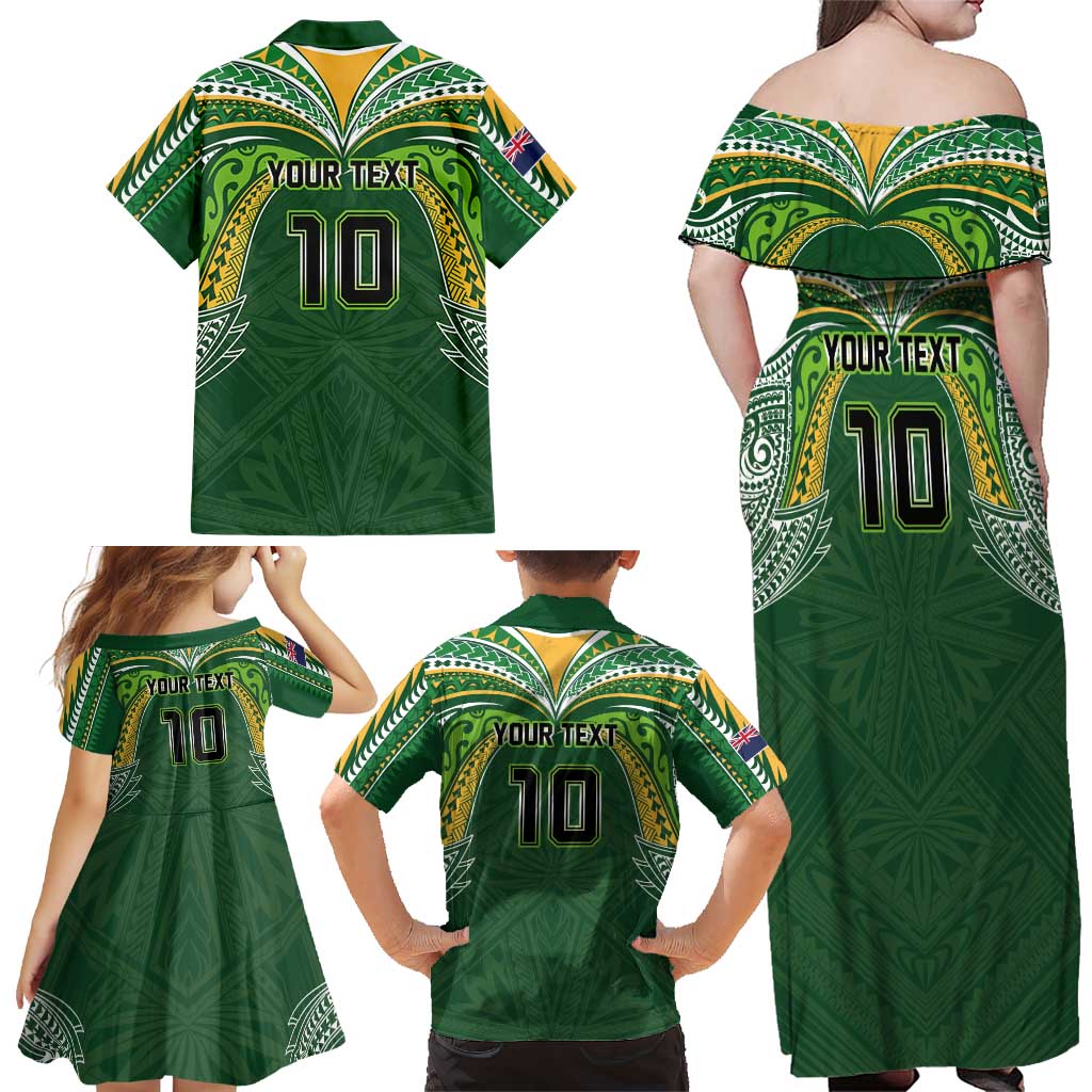 Custom Cook Islands Rugby League Family Matching Off Shoulder Maxi Dress and Hawaiian Shirt Tatau Tribal Motifs-Dark Green Color LT03 - Polynesian Pride