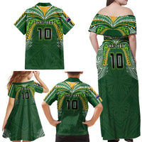Custom Cook Islands Rugby League Family Matching Off Shoulder Maxi Dress and Hawaiian Shirt Tatau Tribal Motifs-Dark Green Color LT03 - Polynesian Pride