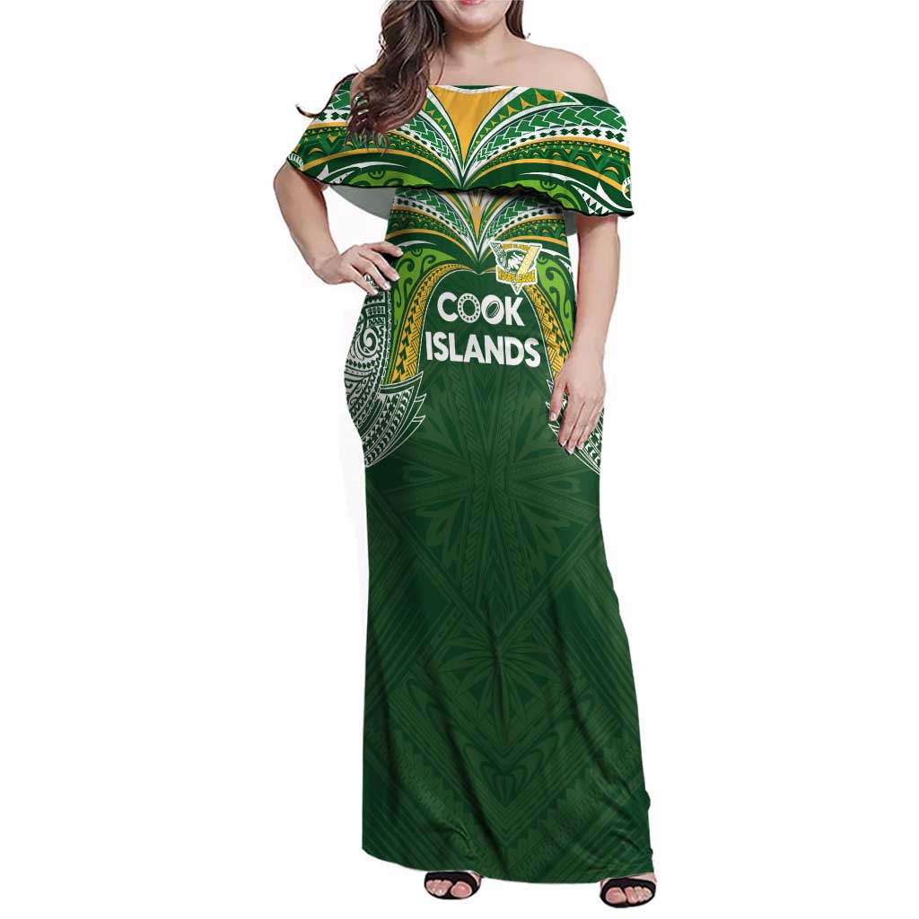 Custom Cook Islands Rugby League Family Matching Off Shoulder Maxi Dress and Hawaiian Shirt Tatau Tribal Motifs-Dark Green Color LT03 Mom's Dress Green - Polynesian Pride