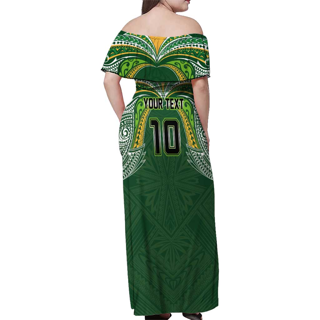 Custom Cook Islands Rugby League Family Matching Off Shoulder Maxi Dress and Hawaiian Shirt Tatau Tribal Motifs-Dark Green Color LT03 - Polynesian Pride
