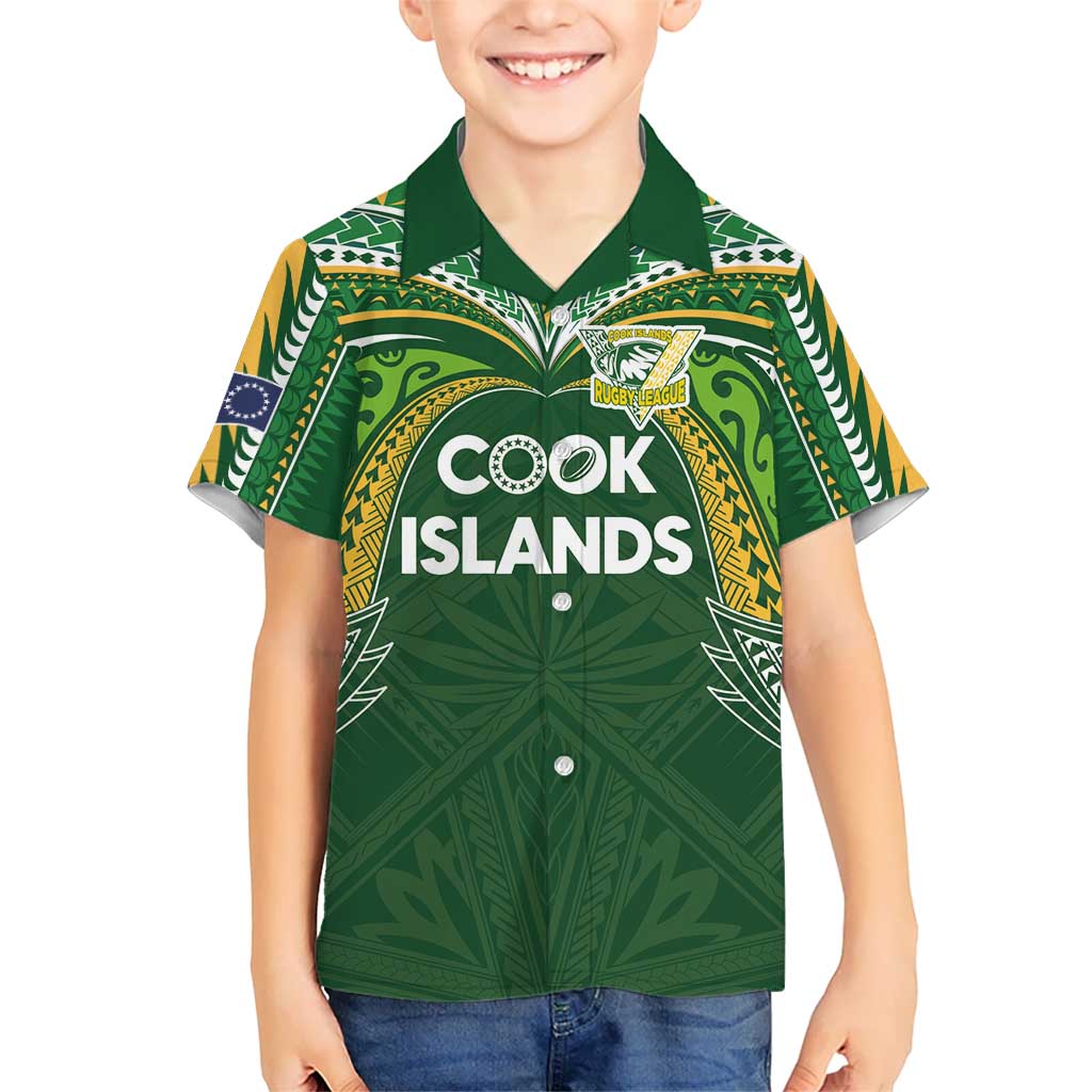 Custom Cook Islands Rugby League Family Matching Off Shoulder Maxi Dress and Hawaiian Shirt Tatau Tribal Motifs-Dark Green Color LT03 Son's Shirt Green - Polynesian Pride