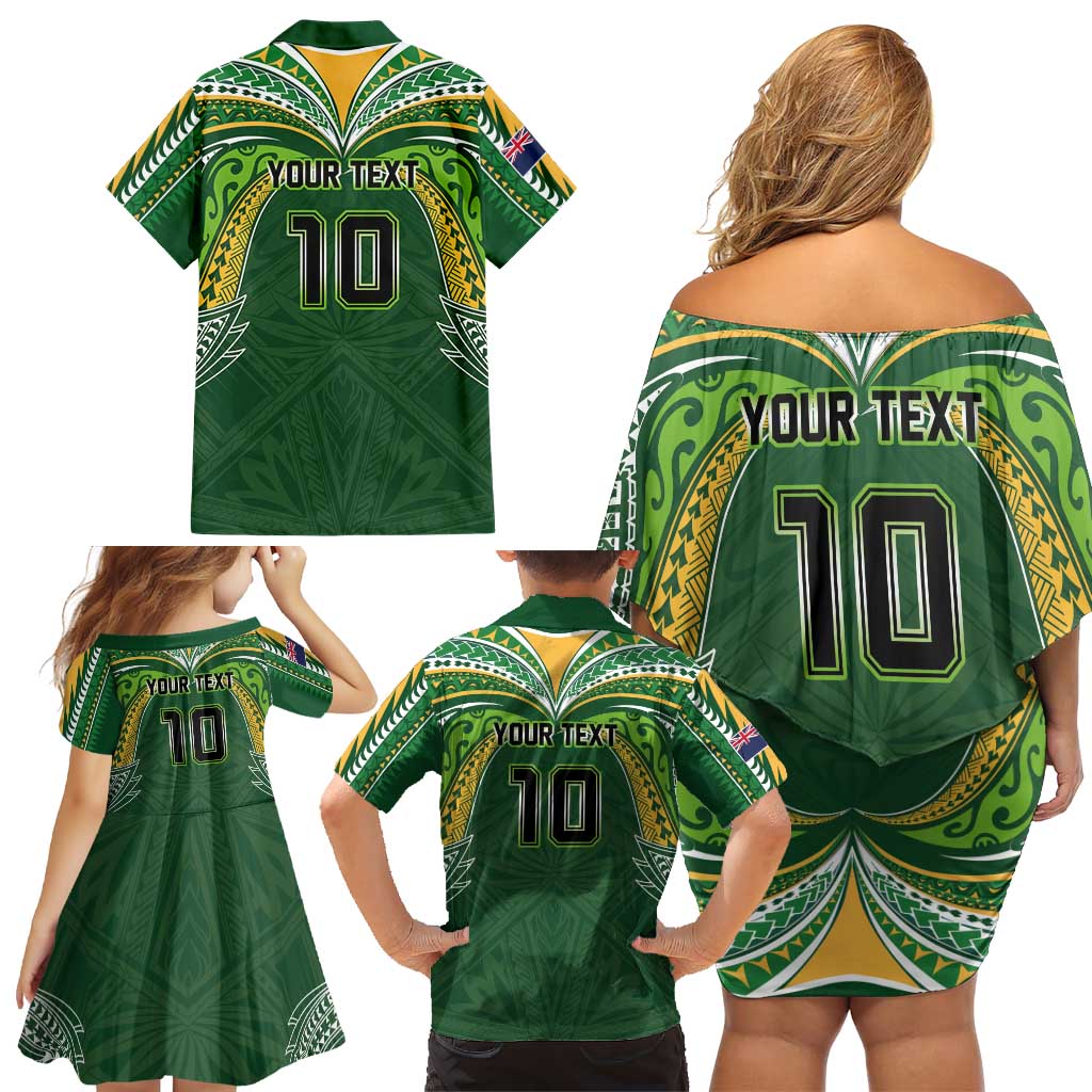 Custom Cook Islands Rugby League Family Matching Off Shoulder Short Dress and Hawaiian Shirt Tatau Tribal Motifs-Dark Green Color LT03 - Polynesian Pride
