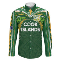 Custom Cook Islands Rugby League Family Matching Off Shoulder Short Dress and Hawaiian Shirt Tatau Tribal Motifs-Dark Green Color LT03 Dad's Shirt - Long Sleeve Green - Polynesian Pride