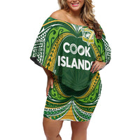 Custom Cook Islands Rugby League Family Matching Off Shoulder Short Dress and Hawaiian Shirt Tatau Tribal Motifs-Dark Green Color LT03 Mom's Dress Green - Polynesian Pride