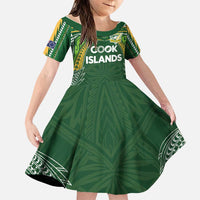 Custom Cook Islands Rugby League Family Matching Short Sleeve Bodycon Dress and Hawaiian Shirt Tatau Tribal Motifs-Dark Green Color LT03 Daughter's Dress Green - Polynesian Pride