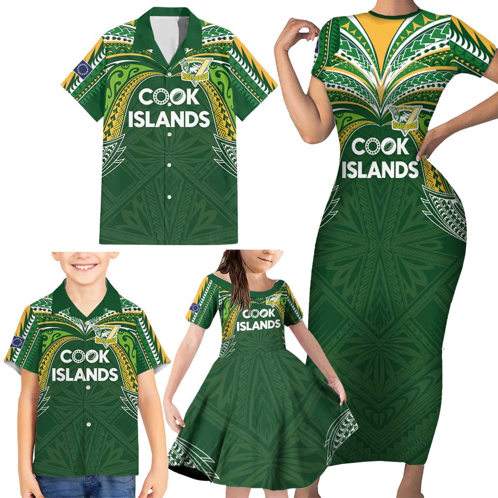 Custom Cook Islands Rugby League Family Matching Short Sleeve Bodycon Dress and Hawaiian Shirt Tatau Tribal Motifs-Dark Green Color LT03 - Polynesian Pride