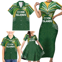 Custom Cook Islands Rugby League Family Matching Short Sleeve Bodycon Dress and Hawaiian Shirt Tatau Tribal Motifs-Dark Green Color LT03 - Polynesian Pride