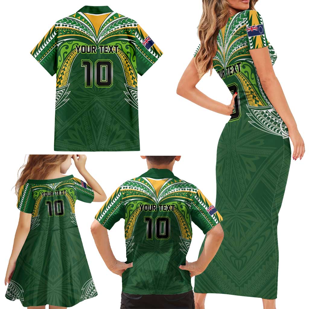 Custom Cook Islands Rugby League Family Matching Short Sleeve Bodycon Dress and Hawaiian Shirt Tatau Tribal Motifs-Dark Green Color LT03 - Polynesian Pride