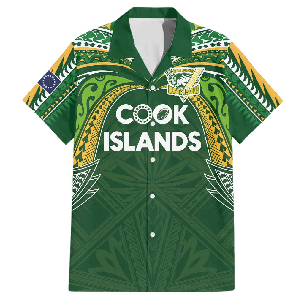 Custom Cook Islands Rugby League Family Matching Short Sleeve Bodycon Dress and Hawaiian Shirt Tatau Tribal Motifs-Dark Green Color LT03 Dad's Shirt - Short Sleeve Green - Polynesian Pride