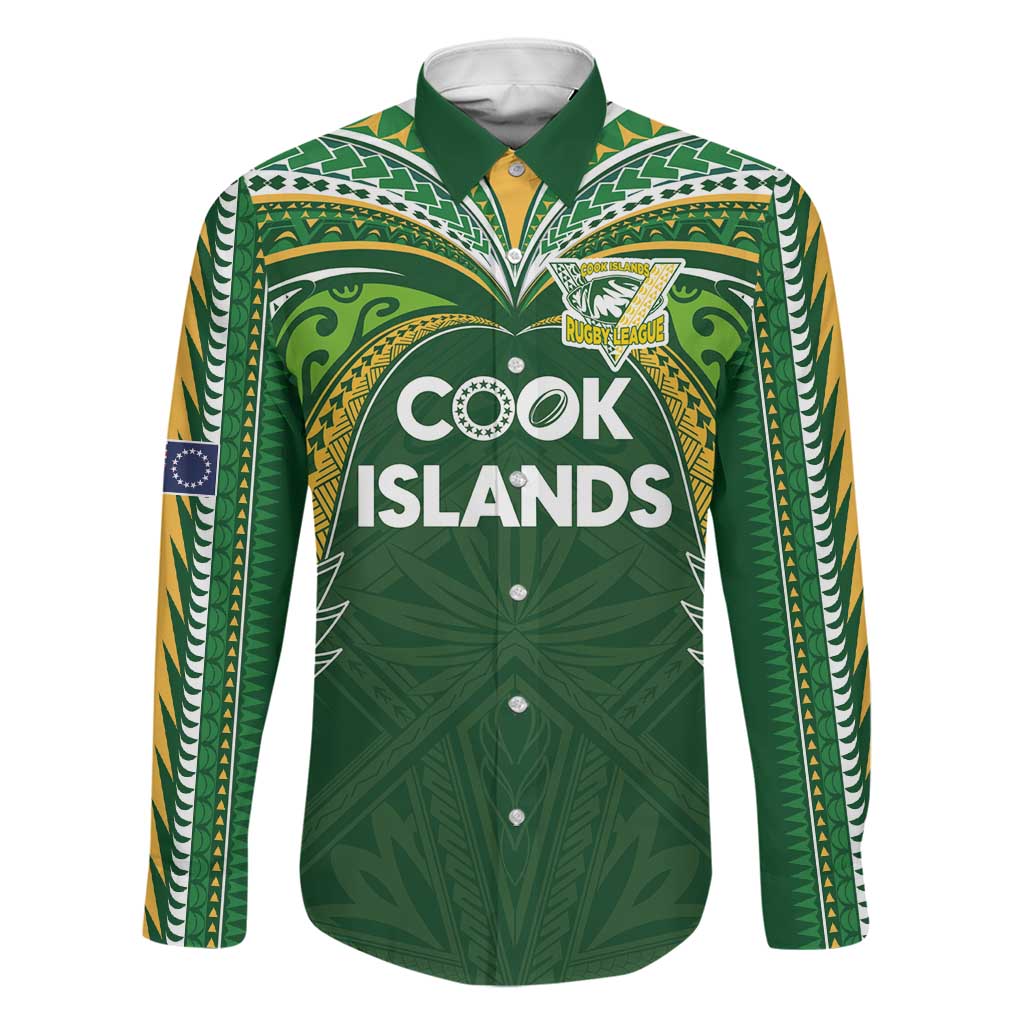 Custom Cook Islands Rugby League Family Matching Short Sleeve Bodycon Dress and Hawaiian Shirt Tatau Tribal Motifs-Dark Green Color LT03 Dad's Shirt - Long Sleeve Green - Polynesian Pride