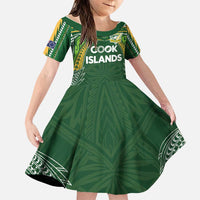 Custom Cook Islands Rugby League Family Matching Tank Maxi Dress and Hawaiian Shirt Tatau Tribal Motifs-Dark Green Color LT03 Daughter's Dress Green - Polynesian Pride