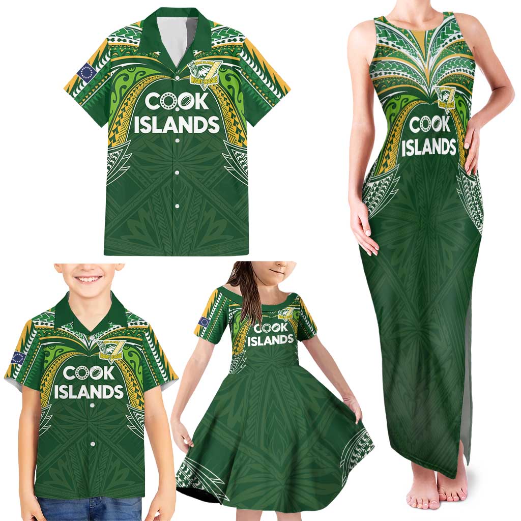 Custom Cook Islands Rugby League Family Matching Tank Maxi Dress and Hawaiian Shirt Tatau Tribal Motifs-Dark Green Color LT03 - Polynesian Pride