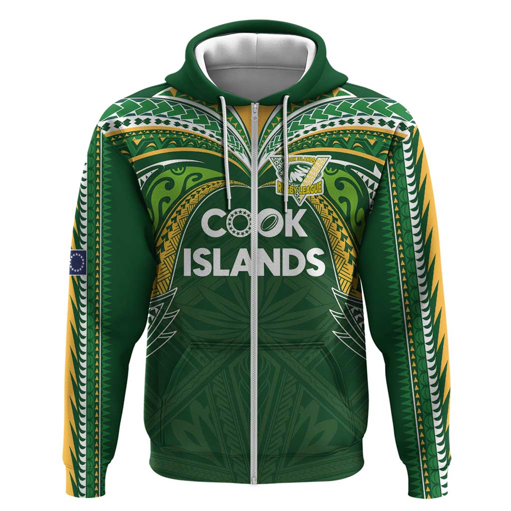Custom Cook Islands Rugby League Hoodie Tatau Tribal Motifs-Dark Green Color LT03 Zip Hoodie Green - Polynesian Pride