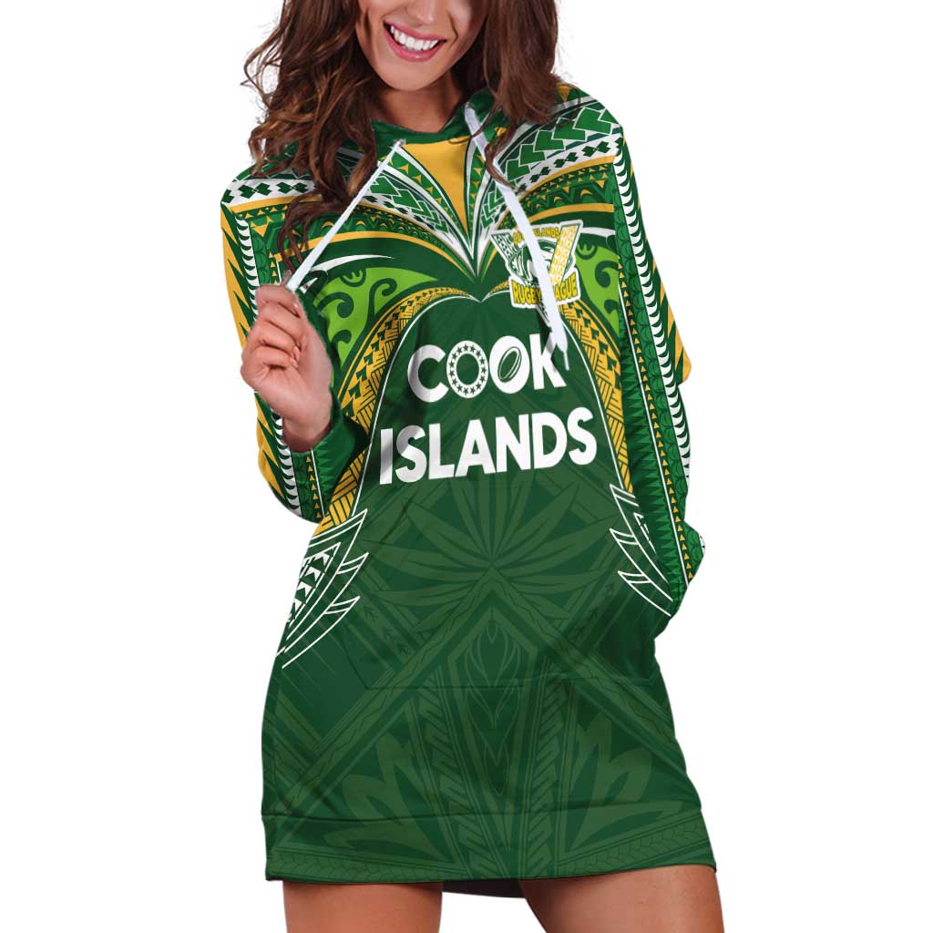 Custom Cook Islands Rugby League Hoodie Dress Tatau Tribal Motifs-Dark Green Color LT03 Green - Polynesian Pride