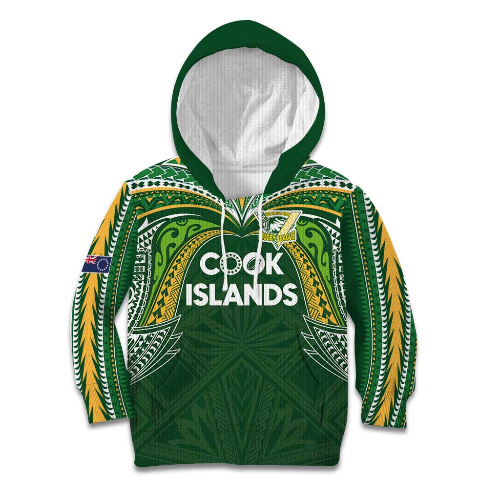 Custom Cook Islands Rugby League Kid Hoodie Tatau Tribal Motifs-Dark Green Color LT03 Hoodie Green - Polynesian Pride