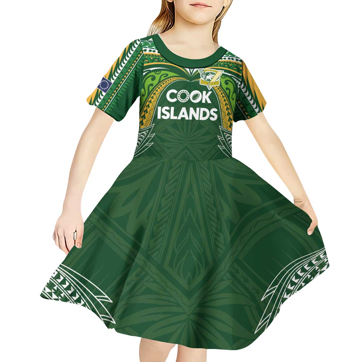Custom Cook Islands Rugby League Kid Short Sleeve Dress Tatau Tribal Motifs-Dark Green Color LT03 - Polynesian Pride