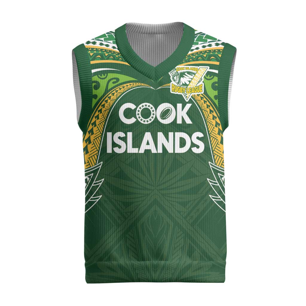 Custom Cook Islands Rugby League Christmas Knitted V-Neck Vest Tatau Tribal Motifs-Dark Green Color LT03 Green - Polynesian Pride
