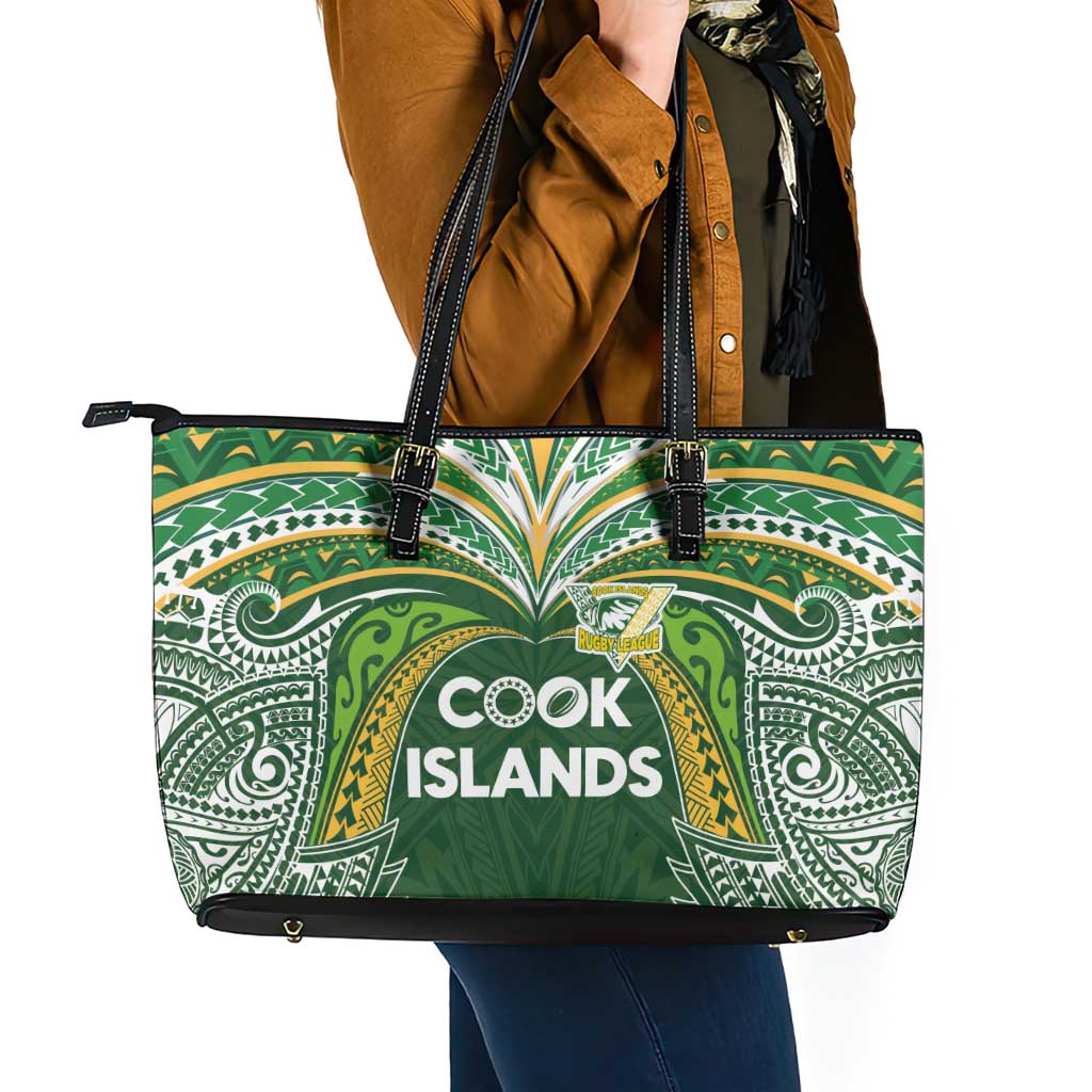 Cook Islands Rugby League Leather Tote Bag Tatau Tribal Motifs-Dark Green Color LT03 - Polynesian Pride