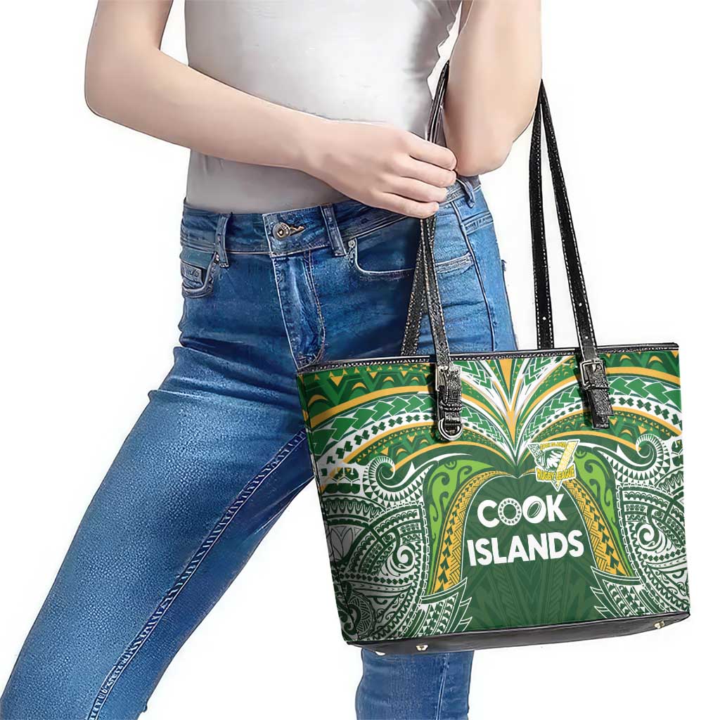 Cook Islands Rugby League Leather Tote Bag Tatau Tribal Motifs-Dark Green Color LT03 - Polynesian Pride