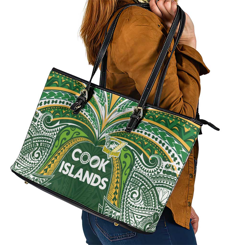 Cook Islands Rugby League Leather Tote Bag Tatau Tribal Motifs-Dark Green Color LT03 - Polynesian Pride