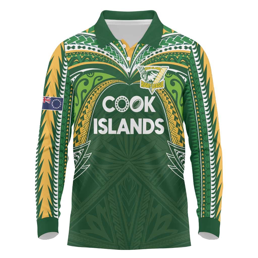 Custom Cook Islands Rugby League Long Sleeve Polo Shirt Tatau Tribal Motifs-Dark Green Color LT03 Green - Polynesian Pride