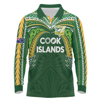 Custom Cook Islands Rugby League Long Sleeve Polo Shirt Tatau Tribal Motifs-Dark Green Color LT03 Green - Polynesian Pride