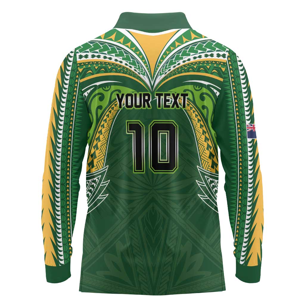 Custom Cook Islands Rugby League Long Sleeve Polo Shirt Tatau Tribal Motifs-Dark Green Color LT03 - Polynesian Pride