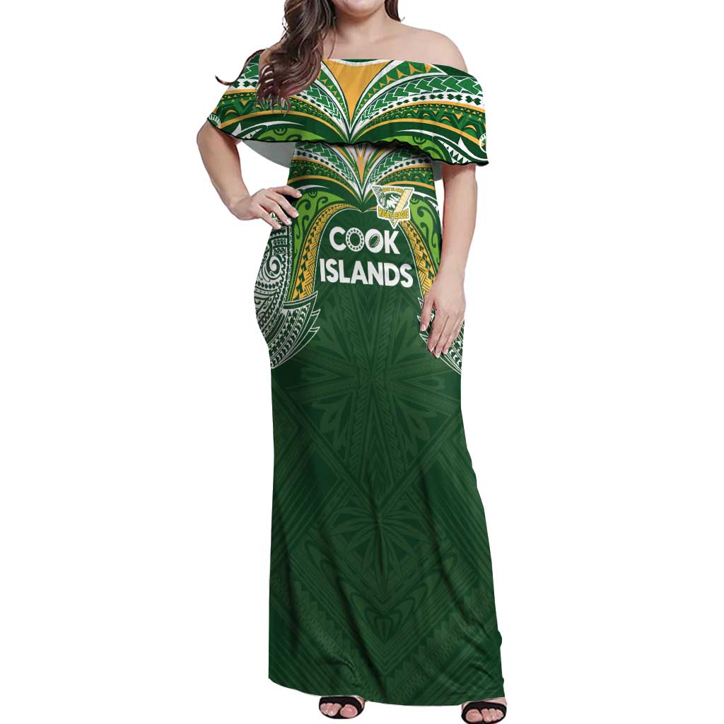 Custom Cook Islands Rugby League Off Shoulder Maxi Dress Tatau Tribal Motifs-Dark Green Color LT03 Women Green - Polynesian Pride