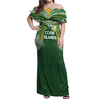 Custom Cook Islands Rugby League Off Shoulder Maxi Dress Tatau Tribal Motifs-Dark Green Color LT03 Women Green - Polynesian Pride