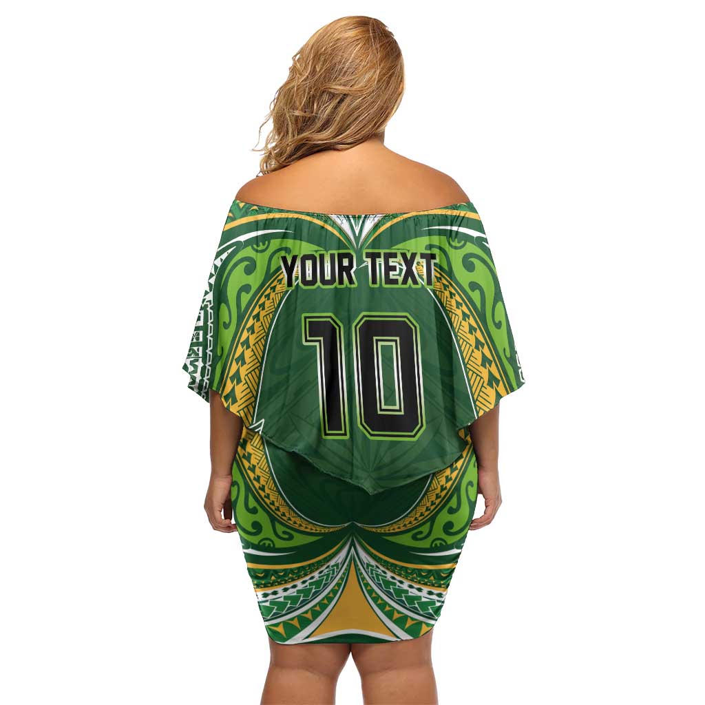 Custom Cook Islands Rugby League Off Shoulder Short Dress Tatau Tribal Motifs-Dark Green Color LT03 - Polynesian Pride