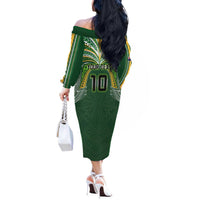 Custom Cook Islands Rugby League Off The Shoulder Long Sleeve Dress Tatau Tribal Motifs-Dark Green Color LT03 - Polynesian Pride