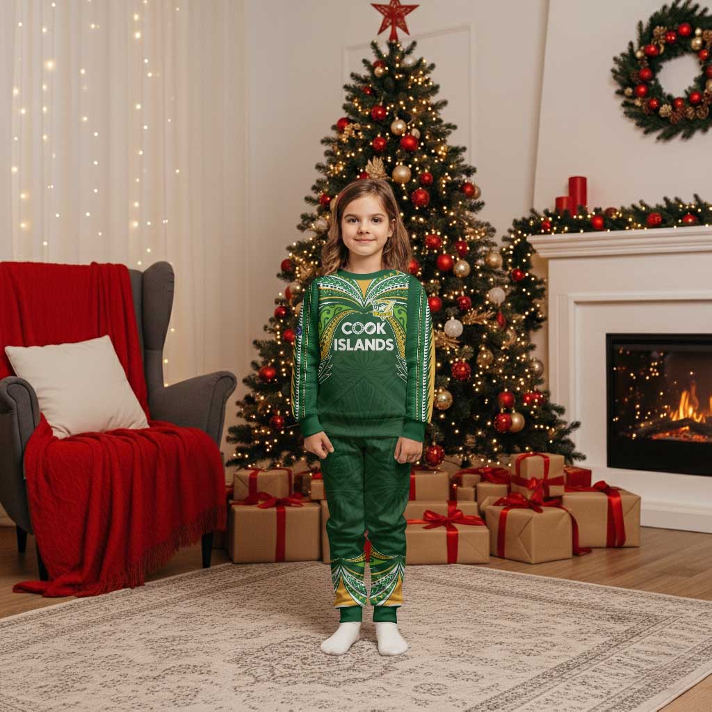Custom Cook Islands Rugby League Christmas Pajama Set Tatau Tribal Motifs-Dark Green Color LT03 Kid Green - Polynesian Pride