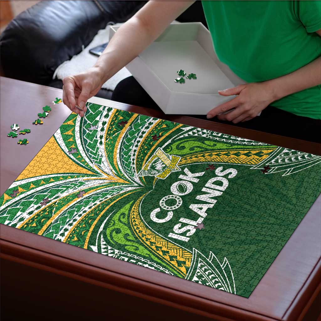Cook Islands Rugby League Puzzle Tatau Tribal Motifs-Dark Green Color - Polynesian Pride