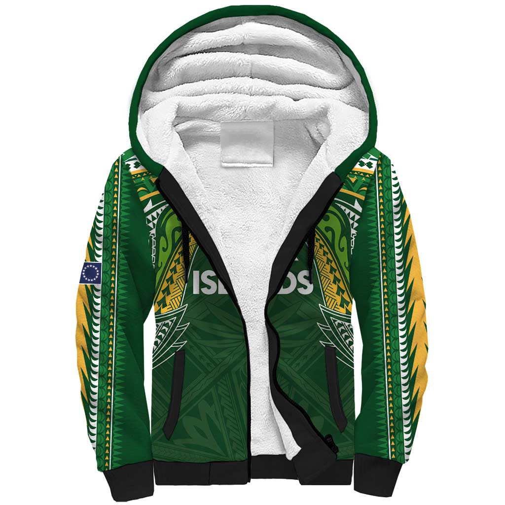 Custom Cook Islands Rugby League Sherpa Hoodie Tatau Tribal Motifs-Dark Green Color LT03 Unisex Green - Polynesian Pride